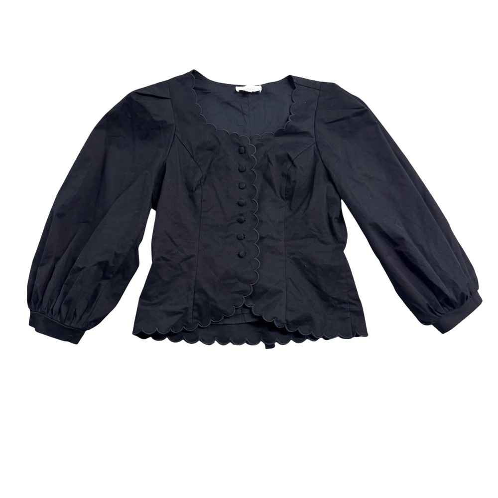 Boheme Anthropologie Black Scalloped Puff Sleeve Button Blouse S/S Preppy